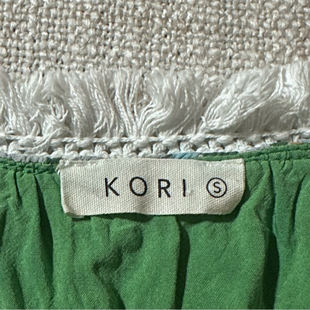 KORI Green Multi Color V-Neck Hi-Li Dress Lined Fringe Lace Flutter Boho Wmn S - Picture 9 of 14